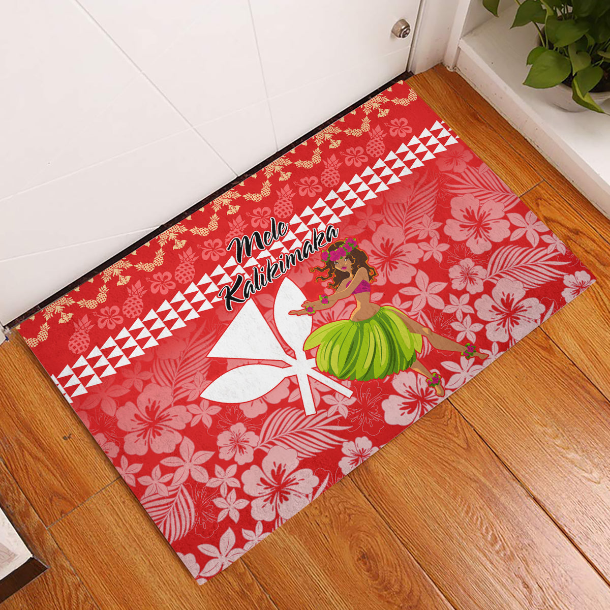 Hawaii Mele Kalikimaka Rubber Doormat Santa Claus and Hula Dancing Merry Christmas LT9 Red - Polynesian Pride