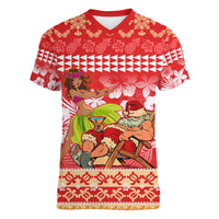 Hawaii Mele Kalikimaka Women V Neck T Shirt Santa Claus and Hula Dancing Merry Christmas LT9 Female Red - Polynesian Pride