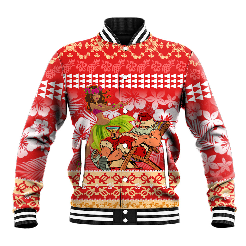 Personalised Hawaii Mele Kalikimaka Baseball Jacket Santa Claus and Hula Dancing Merry Christmas LT9 Unisex Red - Polynesian Pride