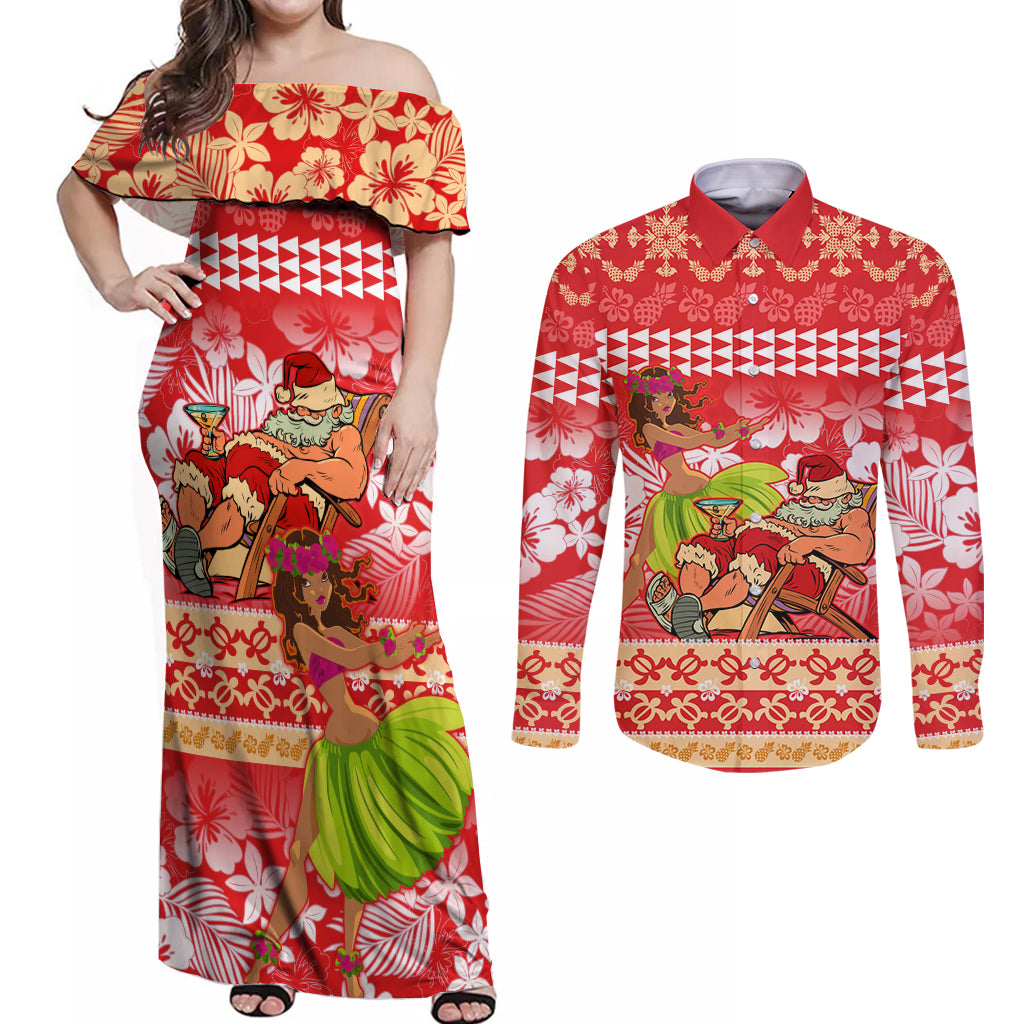 Personalised Hawaii Mele Kalikimaka Couples Matching Off Shoulder Maxi Dress and Long Sleeve Button Shirt Santa Claus and Hula Dancing Merry Christmas LT9 Red - Polynesian Pride