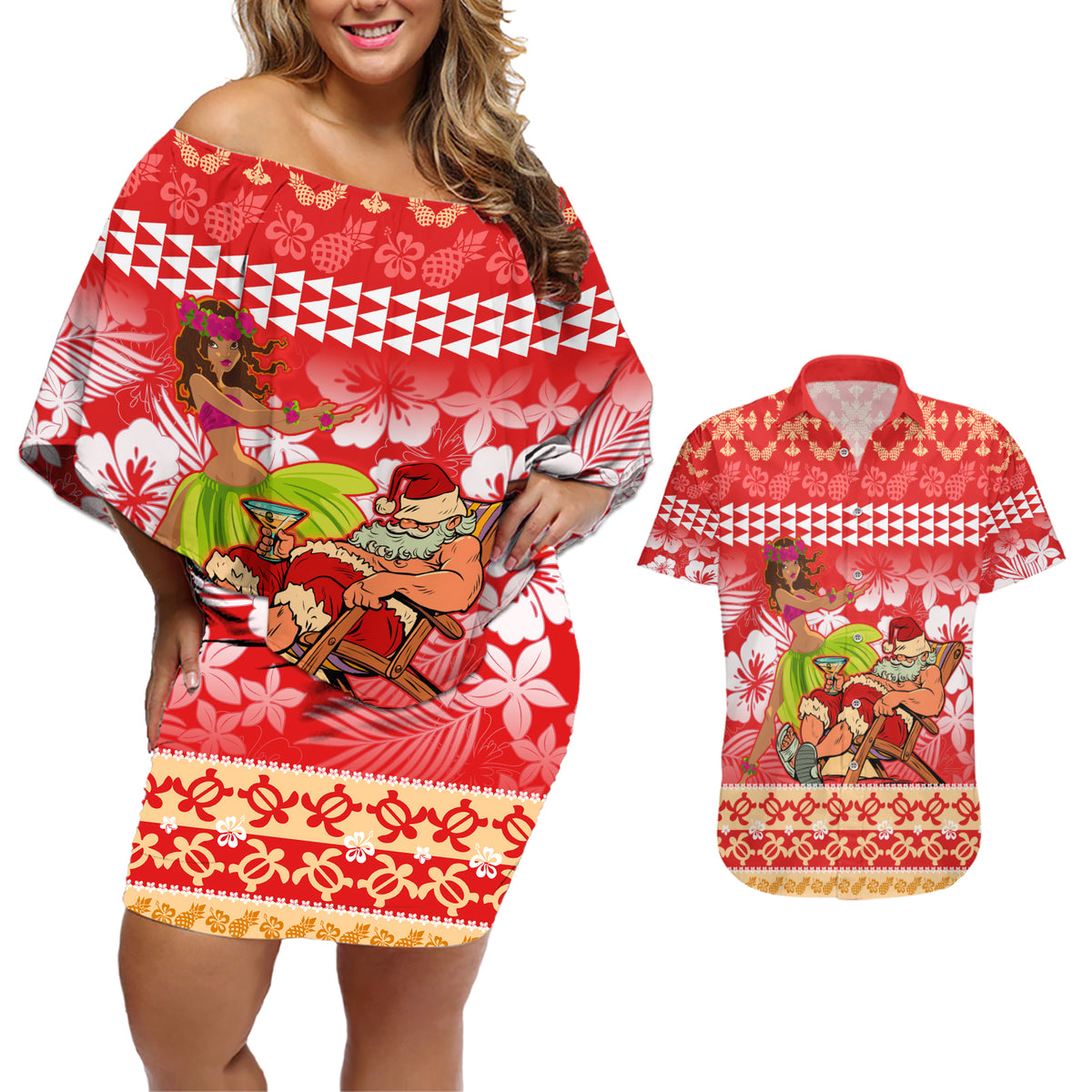Personalised Hawaii Mele Kalikimaka Couples Matching Off Shoulder Short Dress and Hawaiian Shirt Santa Claus and Hula Dancing Merry Christmas LT9 Red - Polynesian Pride