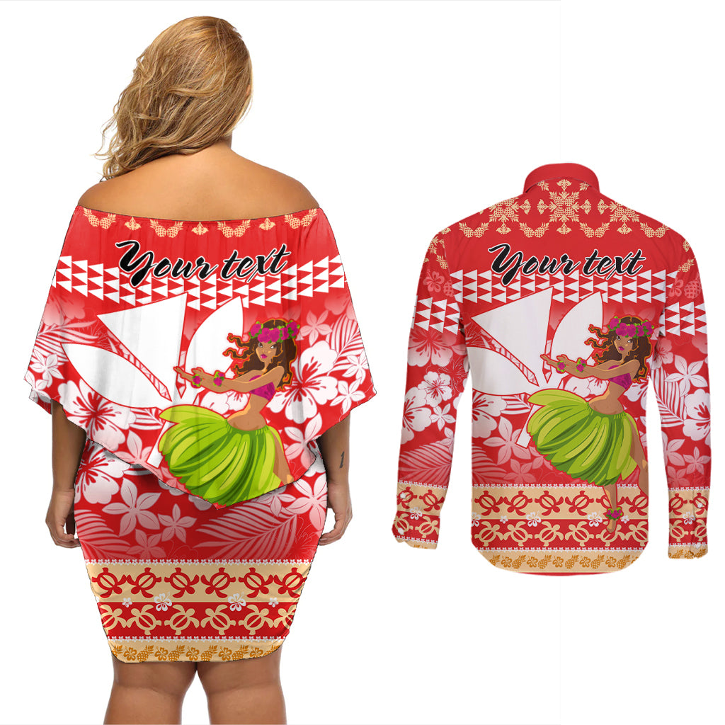 Personalised Hawaii Mele Kalikimaka Couples Matching Off Shoulder Short Dress and Long Sleeve Button Shirt Santa Claus and Hula Dancing Merry Christmas LT9 - Polynesian Pride