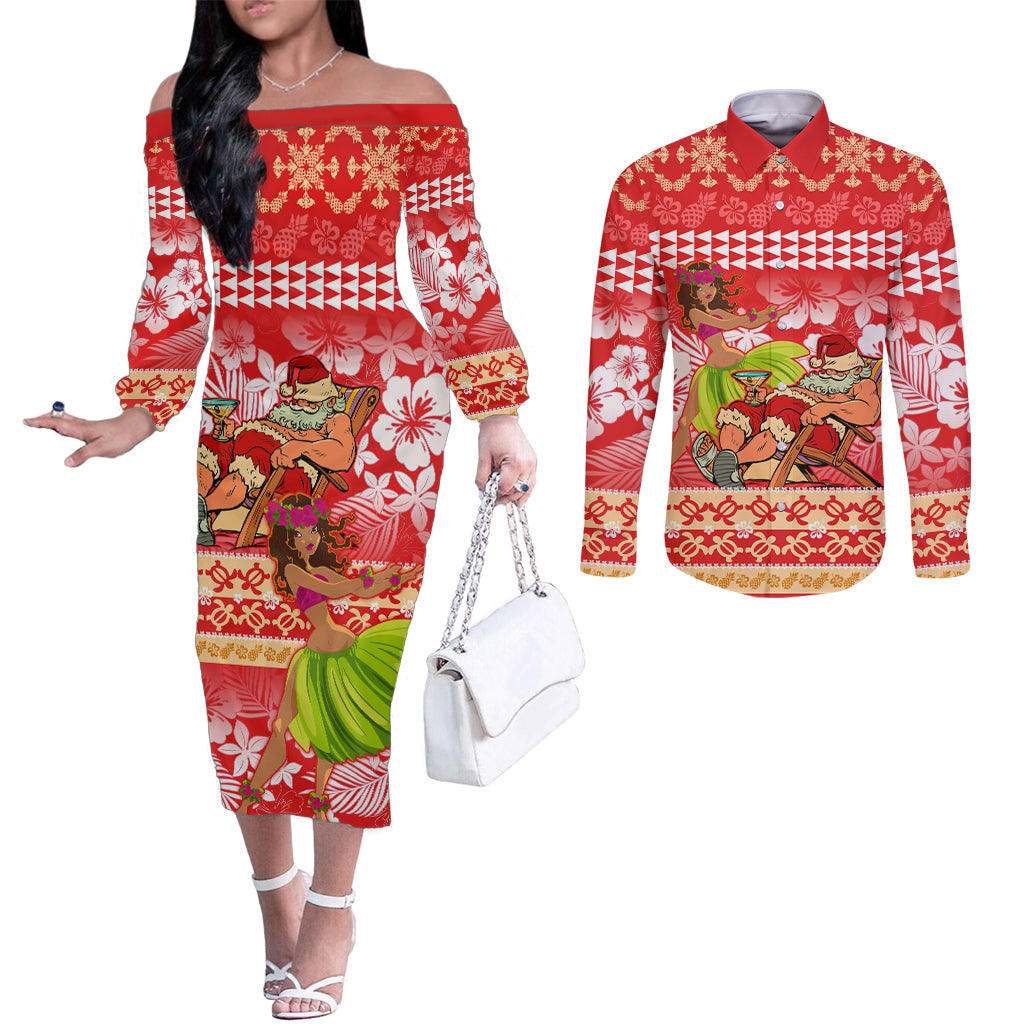 Personalised Hawaii Mele Kalikimaka Couples Matching Off The Shoulder Long Sleeve Dress and Long Sleeve Button Shirt Santa Claus and Hula Dancing Merry Christmas LT9 Red - Polynesian Pride