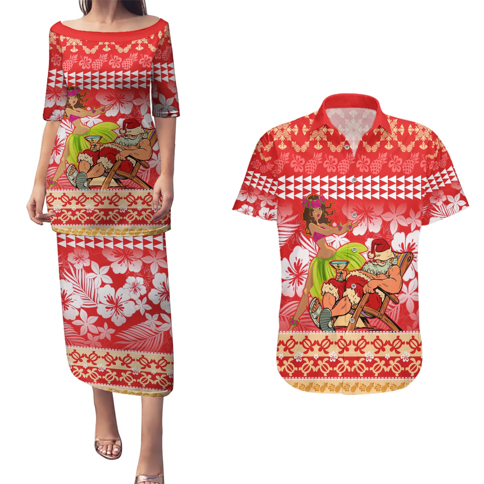 Personalised Hawaii Mele Kalikimaka Couples Matching Puletasi Dress and Hawaiian Shirt Santa Claus and Hula Dancing Merry Christmas LT9 Red - Polynesian Pride