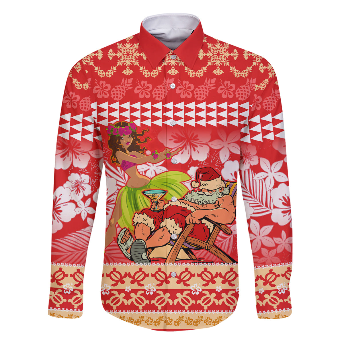 Personalised Hawaii Mele Kalikimaka Family Matching Off Shoulder Maxi Dress and Hawaiian Shirt Santa Claus and Hula Dancing Merry Christmas LT9 Dad's Shirt - Long Sleeve Red - Polynesian Pride