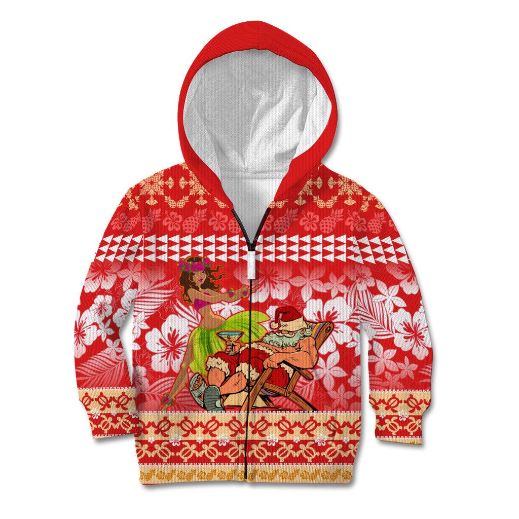 Personalised Hawaii Mele Kalikimaka Kid Hoodie Santa Claus and Hula Dancing Merry Christmas LT9 Zip Hoodie Red - Polynesian Pride