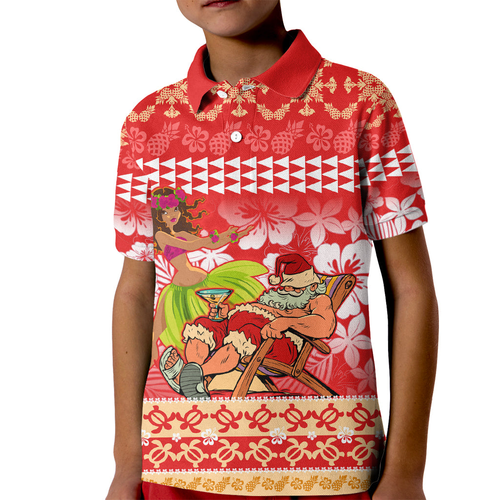 Personalised Hawaii Mele Kalikimaka Kid Polo Shirt Santa Claus and Hula Dancing Merry Christmas LT9 Kid Red - Polynesian Pride