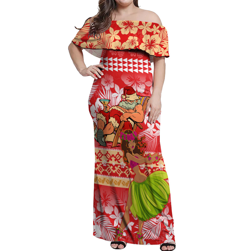 Personalised Hawaii Mele Kalikimaka Off Shoulder Maxi Dress Santa Claus and Hula Dancing Merry Christmas LT9 Women Red - Polynesian Pride