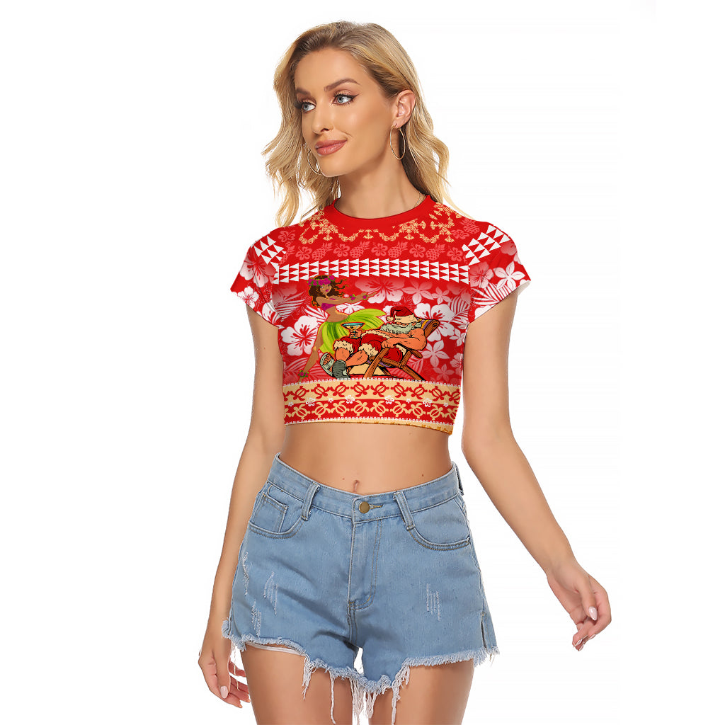 Personalised Hawaii Mele Kalikimaka Raglan Cropped T Shirt Santa Claus and Hula Dancing Merry Christmas LT9 Female Red - Polynesian Pride