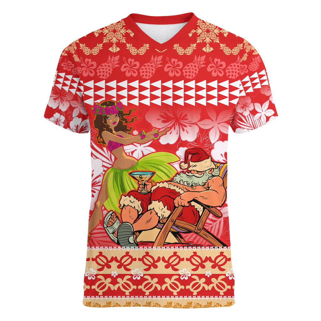Personalised Hawaii Mele Kalikimaka Women V Neck T Shirt Santa Claus and Hula Dancing Merry Christmas LT9 Female Red - Polynesian Pride