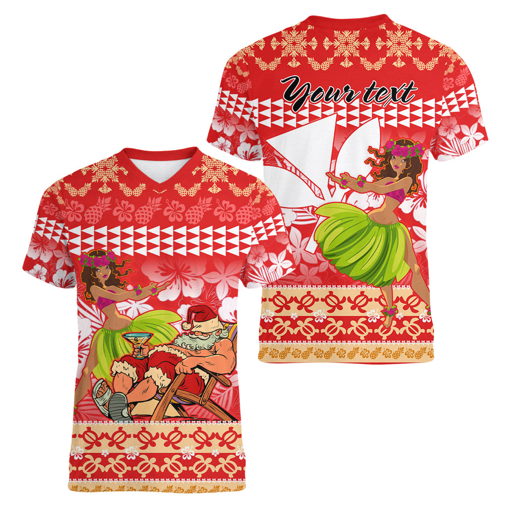 Personalised Hawaii Mele Kalikimaka Women V Neck T Shirt Santa Claus and Hula Dancing Merry Christmas LT9 - Polynesian Pride