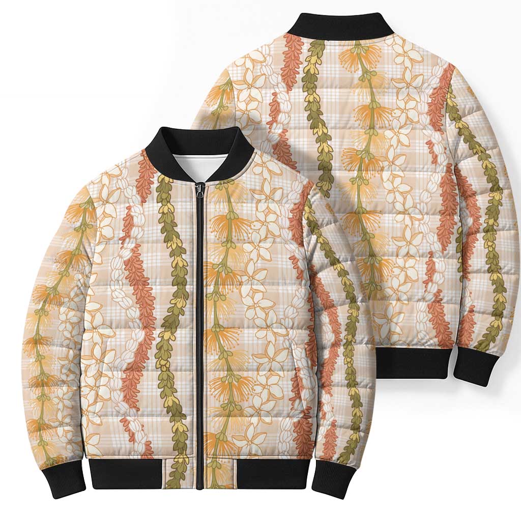 Hawaiian Ohia Lehua Lei Bomber Puffer Jacket Plaid Palaka Ahiehie Pattern - Polynesian Pride