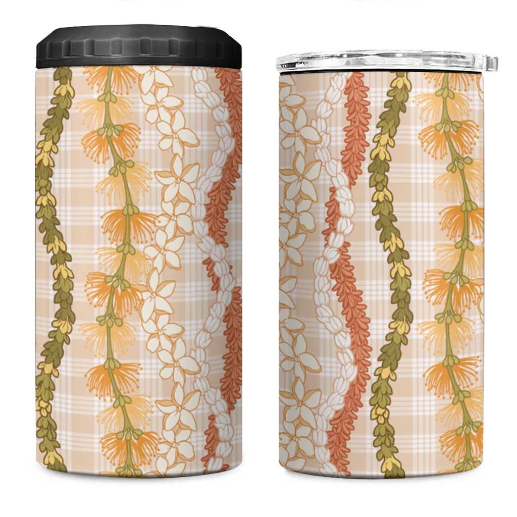 Hawaiian Ohia Lehua Lei 4 in 1 Can Cooler Tumbler Plaid Palaka Ahiehie Pattern - Polynesian Pride