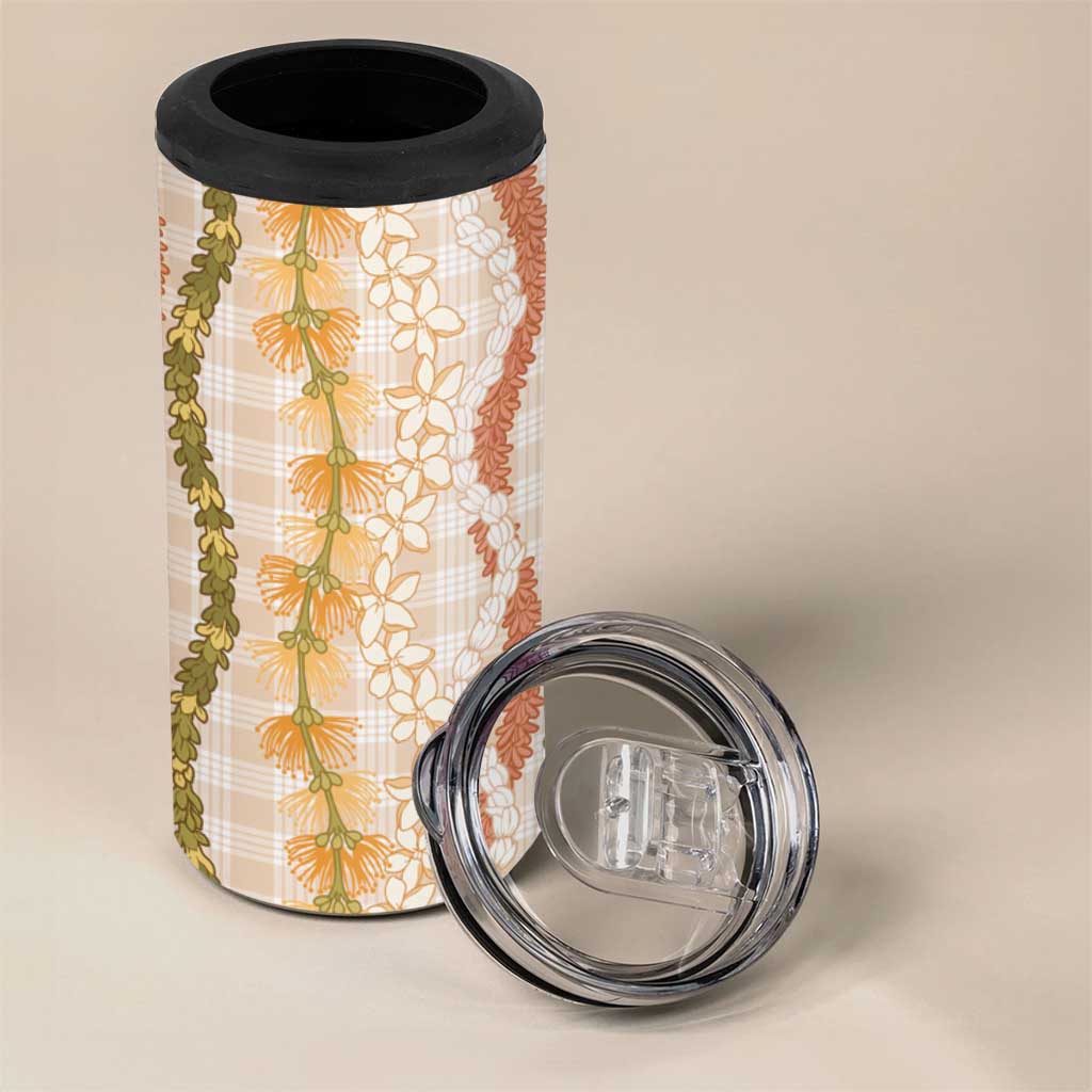 Hawaiian Ohia Lehua Lei 4 in 1 Can Cooler Tumbler Plaid Palaka Ahiehie Pattern - Polynesian Pride