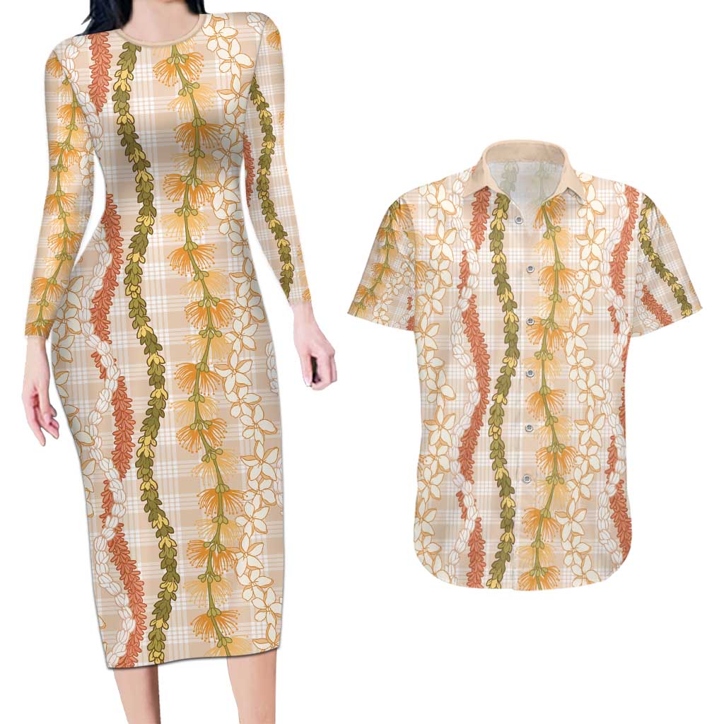 Hawaiian Ohia Lehua Lei Couples Matching Long Sleeve Bodycon Dress and Hawaiian Shirt Plaid Palaka Ahiehie Pattern - Polynesian Pride