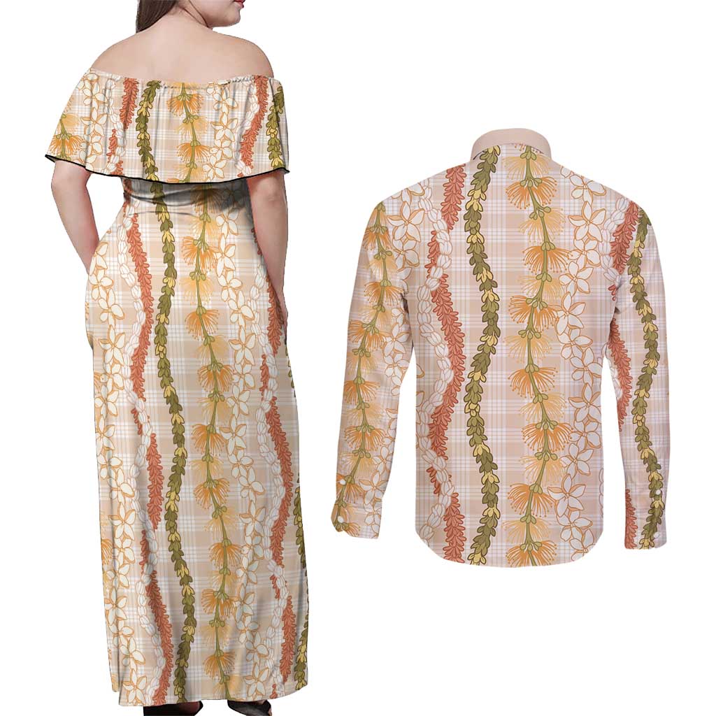 Hawaiian Ohia Lehua Lei Couples Matching Off Shoulder Maxi Dress and Long Sleeve Button Shirt Plaid Palaka Ahiehie Pattern - Polynesian Pride