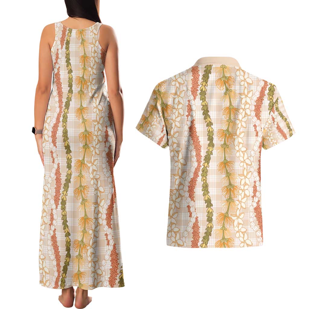 Hawaiian Ohia Lehua Lei Couples Matching Tank Maxi Dress and Hawaiian Shirt Plaid Palaka Ahiehie Pattern - Polynesian Pride