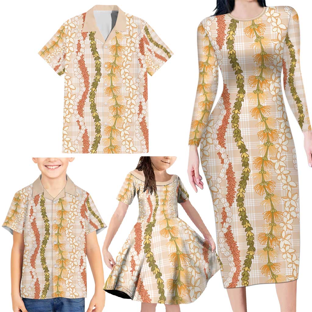 Hawaiian Ohia Lehua Lei Family Matching Long Sleeve Bodycon Dress and Hawaiian Shirt Plaid Palaka Ahiehie Pattern - Polynesian Pride