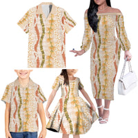 Hawaiian Ohia Lehua Lei Family Matching Off The Shoulder Long Sleeve Dress and Hawaiian Shirt Plaid Palaka Ahiehie Pattern - Polynesian Pride