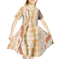 Hawaiian Ohia Lehua Lei Kid Short Sleeve Dress Plaid Palaka Ahiehie Pattern - Polynesian Pride
