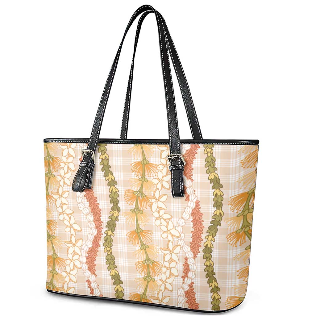 Hawaiian Ohia Lehua Lei Leather Tote Bag Plaid Palaka Ahiehie Pattern - Polynesian Pride