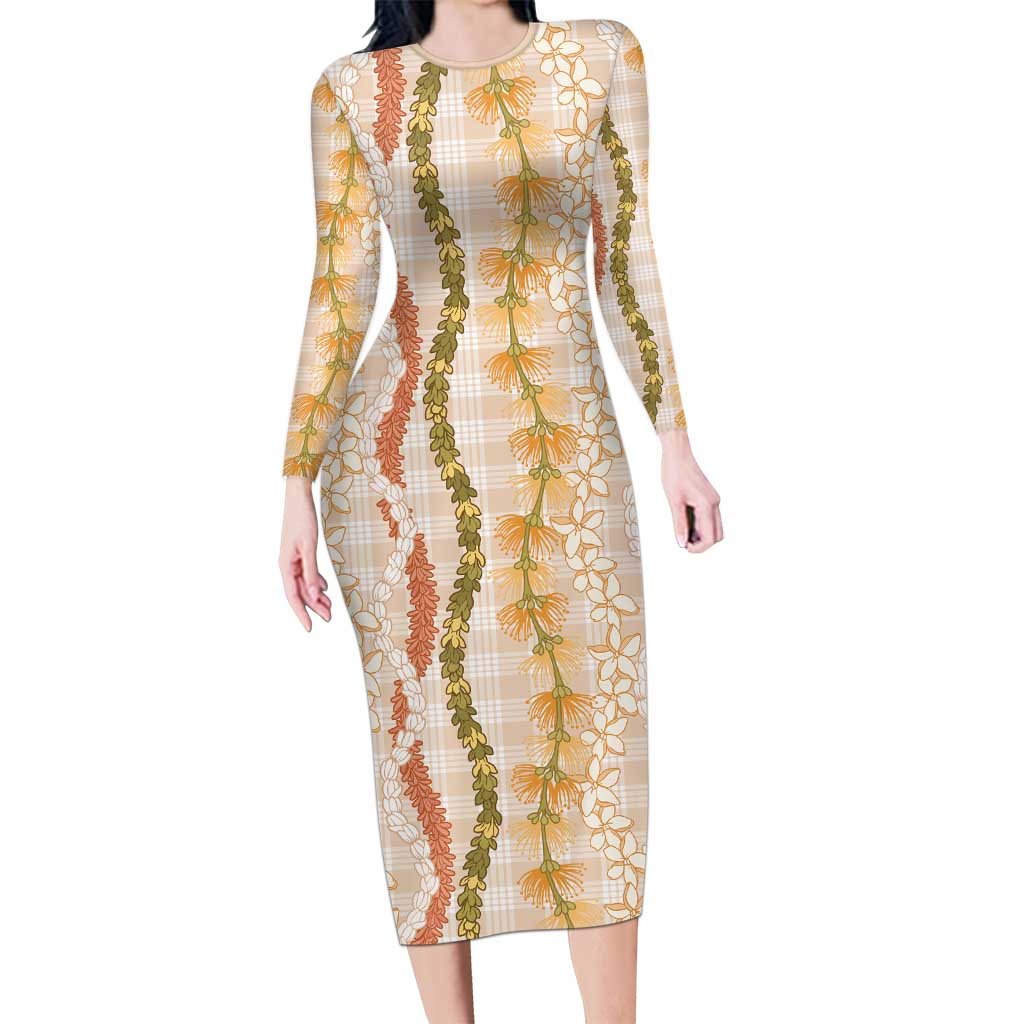 Hawaiian Ohia Lehua Lei Long Sleeve Bodycon Dress Plaid Palaka Ahiehie Pattern - Polynesian Pride