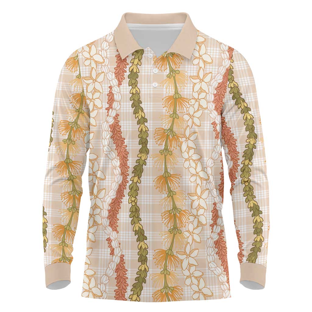 Hawaiian Ohia Lehua Lei Long Sleeve Polo Shirt Plaid Palaka Ahiehie Pattern - Polynesian Pride