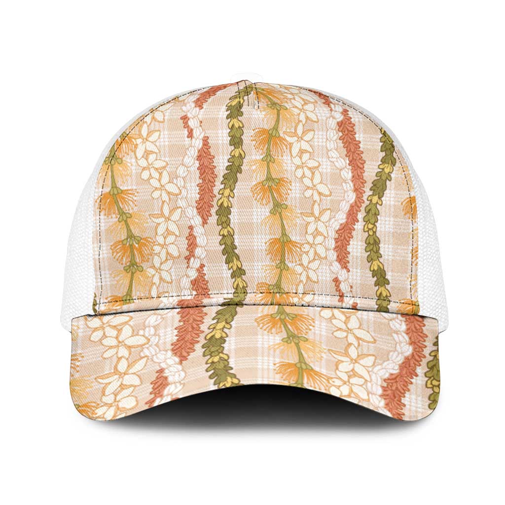 Hawaiian Ohia Lehua Lei Mesh Trucker Cap Plaid Palaka Ahiehie Pattern - Polynesian Pride