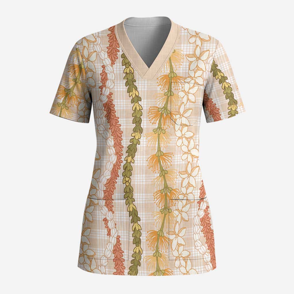 Hawaiian Ohia Lehua Lei Scrub Top Plaid Palaka Ahiehie Pattern - Polynesian Pride