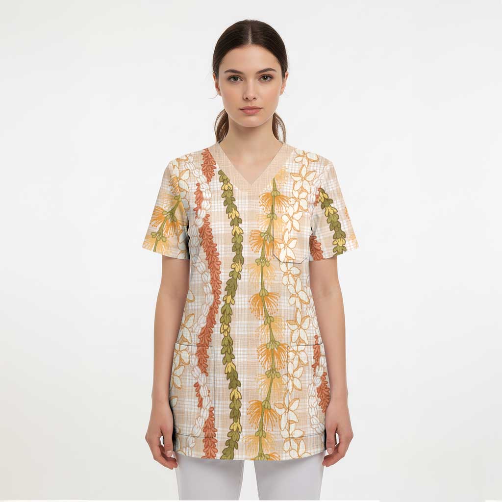 Hawaiian Ohia Lehua Lei Scrub Top Plaid Palaka Ahiehie Pattern - Polynesian Pride
