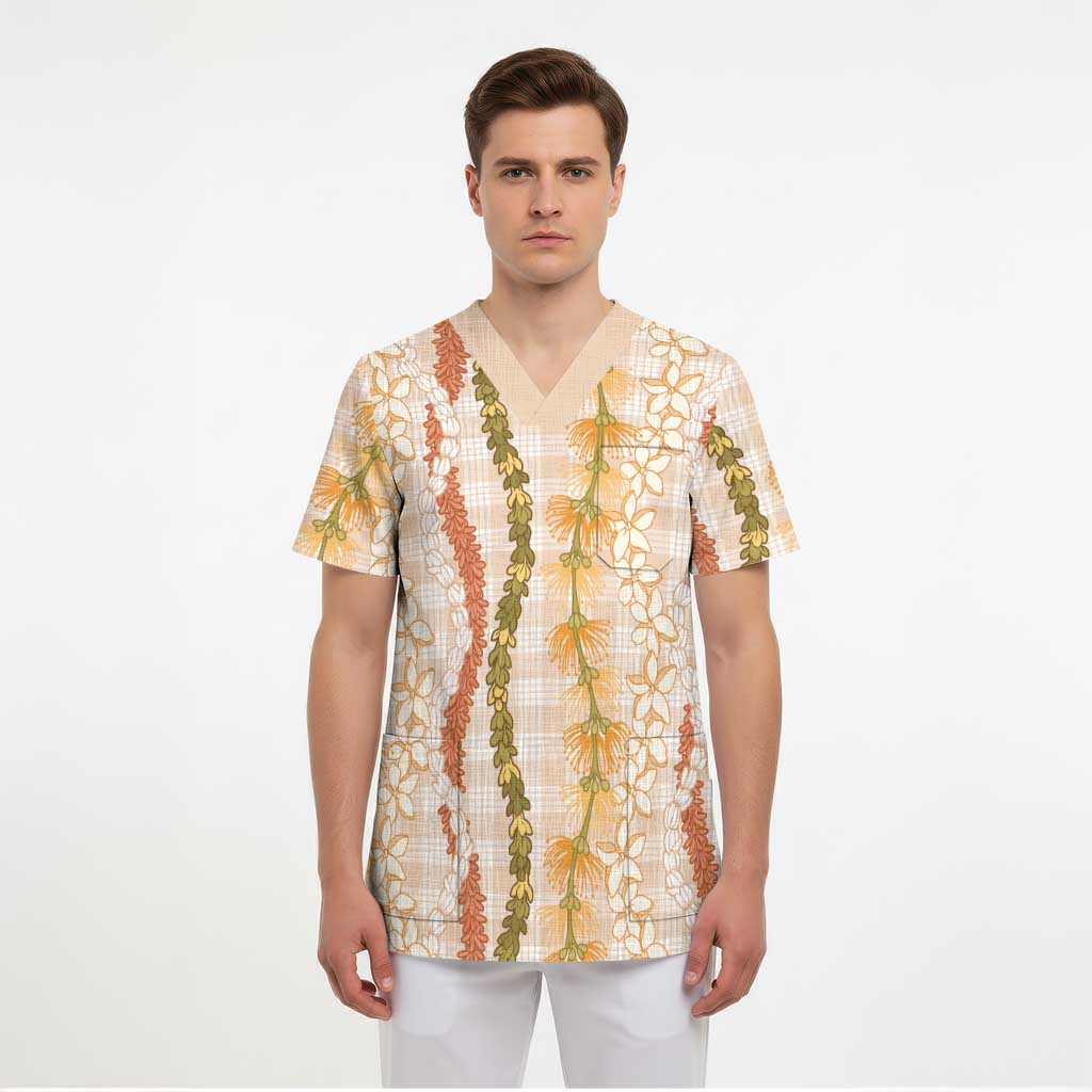 Hawaiian Ohia Lehua Lei Scrub Top Plaid Palaka Ahiehie Pattern - Polynesian Pride
