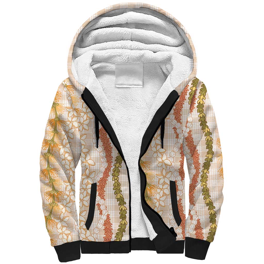 Hawaiian Ohia Lehua Lei Sherpa Hoodie Plaid Palaka Ahiehie Pattern LT9 Unisex Beige - Polynesian Pride