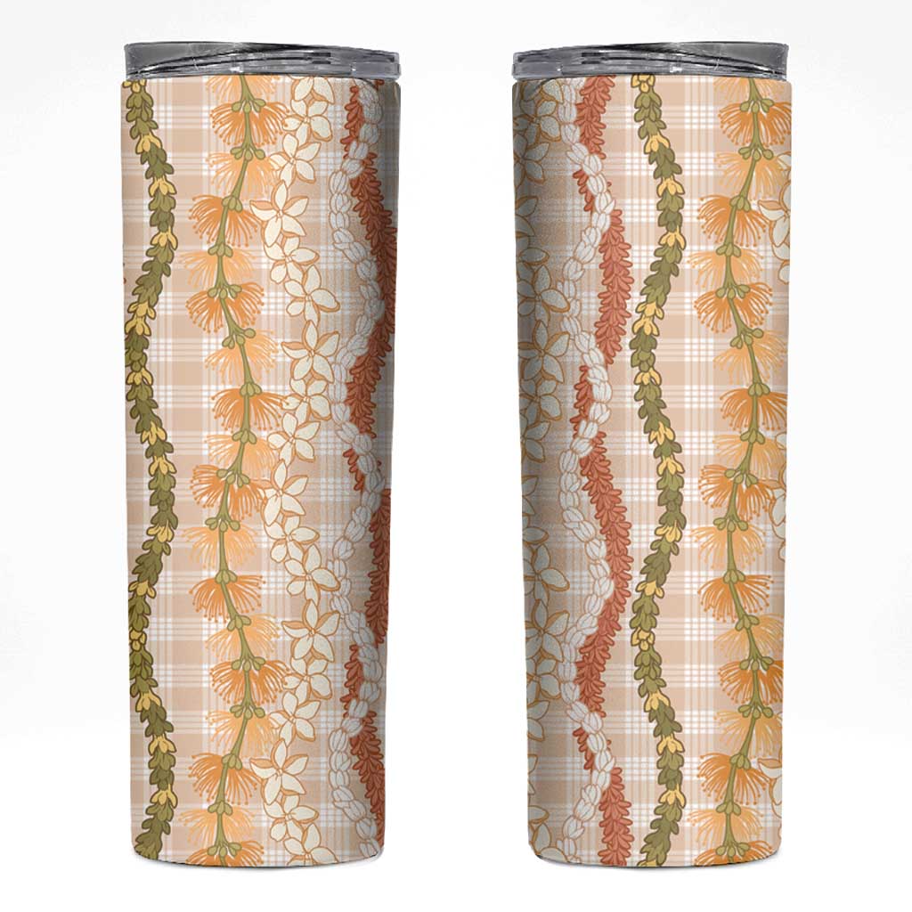 Hawaiian Ohia Lehua Lei Skinny Tumbler Plaid Palaka Ahiehie Pattern - Polynesian Pride