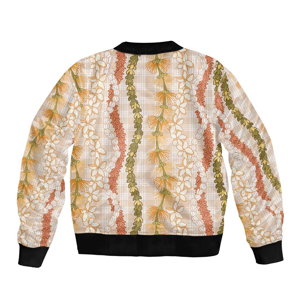 Hawaiian Ohia Lehua Lei Sleeve Zip Bomber Jacket Plaid Palaka Ahiehie Pattern - Polynesian Pride