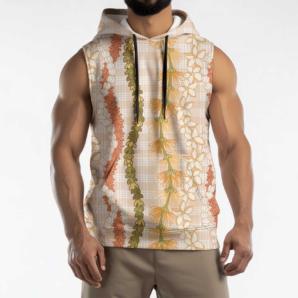 Hawaiian Ohia Lehua Lei Sleeveless Hoodie Plaid Palaka Ahiehie Pattern - Polynesian Pride