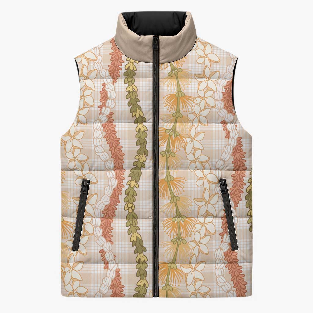 Hawaiian Ohia Lehua Lei Sleeveless Puffer Jacket Plaid Palaka Ahiehie Pattern - Polynesian Pride