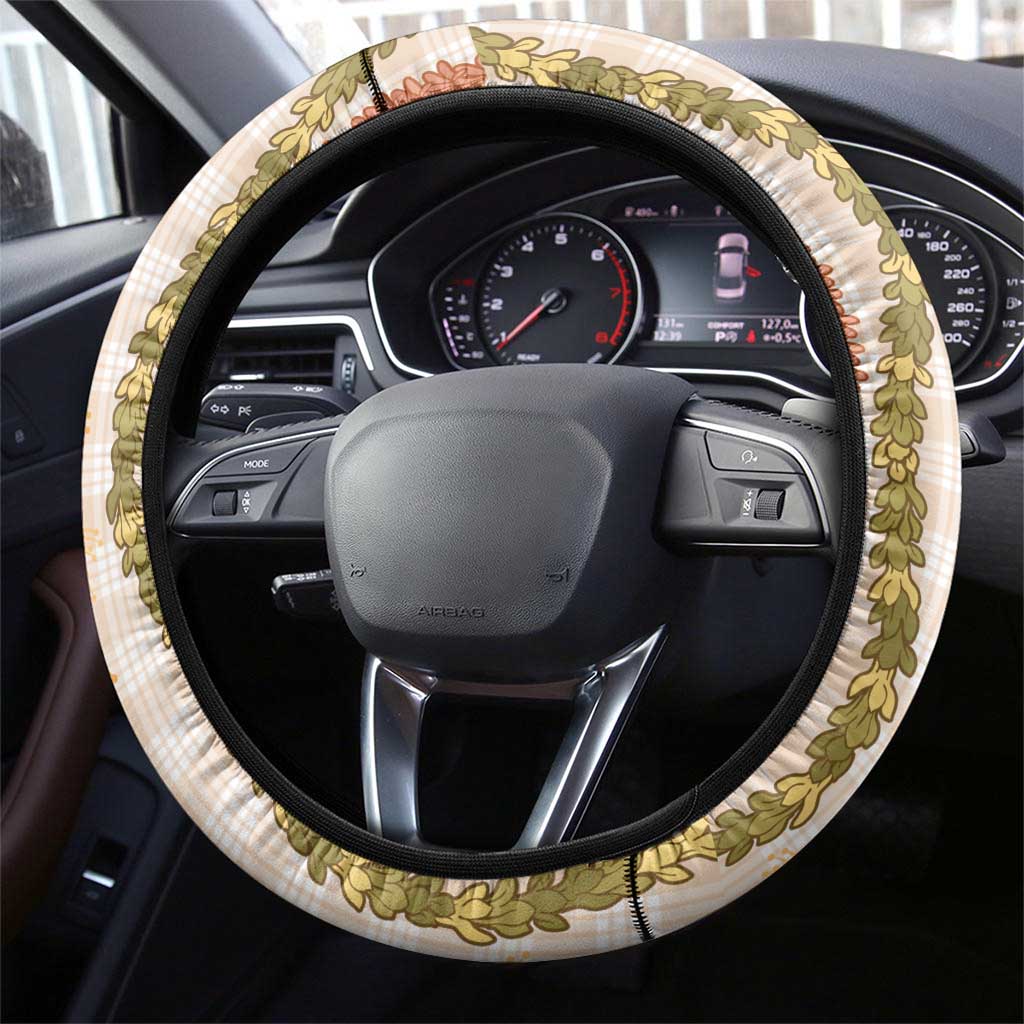 Hawaiian Ohia Lehua Lei Steering Wheel Cover Plaid Palaka Ahiehie Pattern - Polynesian Pride