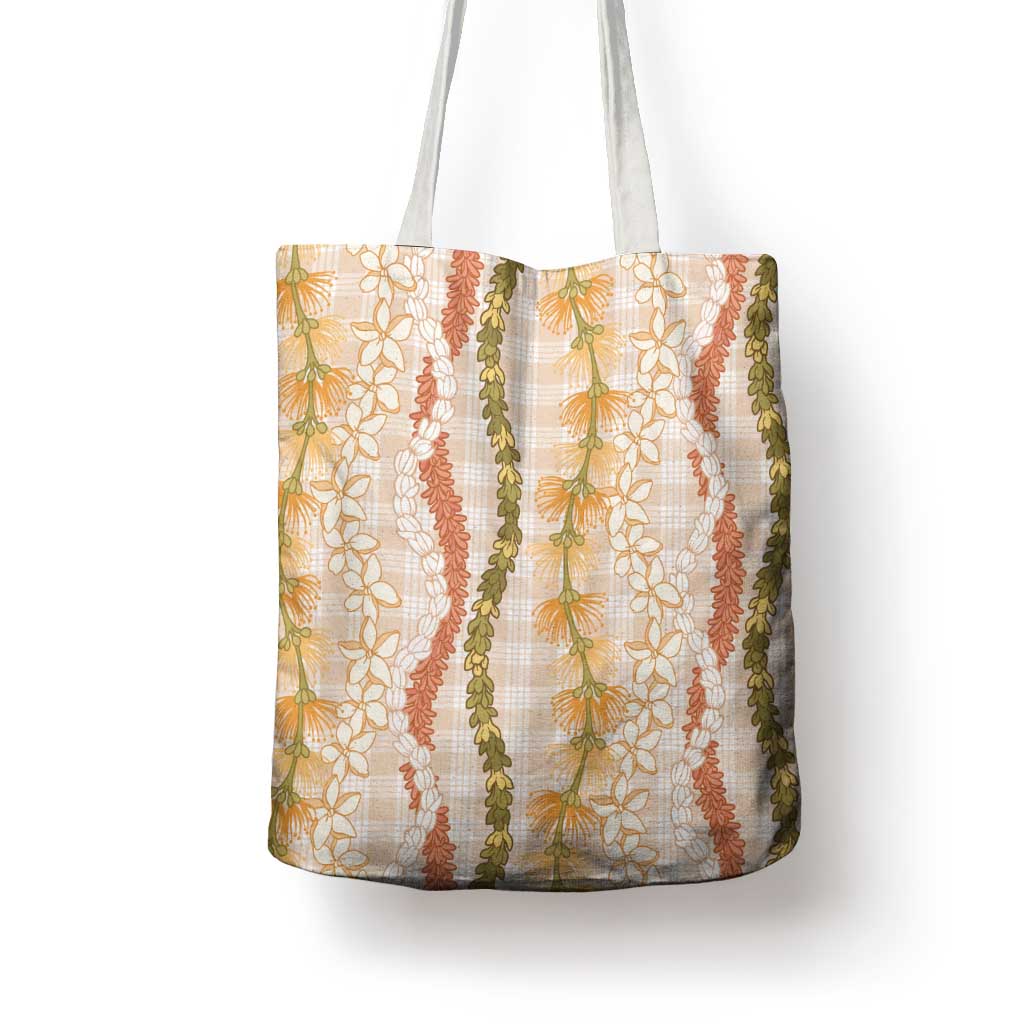 Hawaiian Ohia Lehua Lei Tote Bag Plaid Palaka Ahiehie Pattern - Polynesian Pride