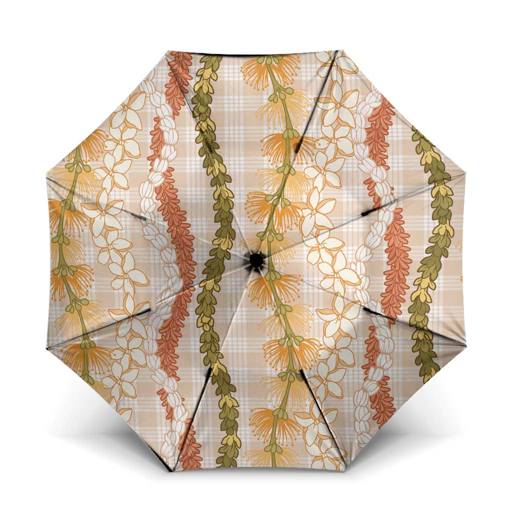Hawaiian Ohia Lehua Lei Umbrella Plaid Palaka Ahiehie Pattern LT9 One Size Folded 11.42 inch Opened Diameter 37.4 inch Beige - Polynesian Pride