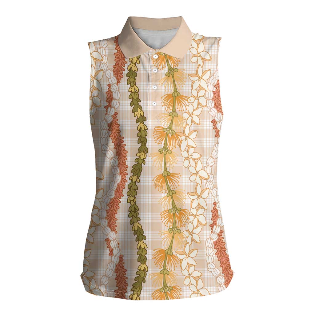 Hawaiian Ohia Lehua Lei Women Sleeveless Polo Shirt Plaid Palaka Ahiehie Pattern - Polynesian Pride