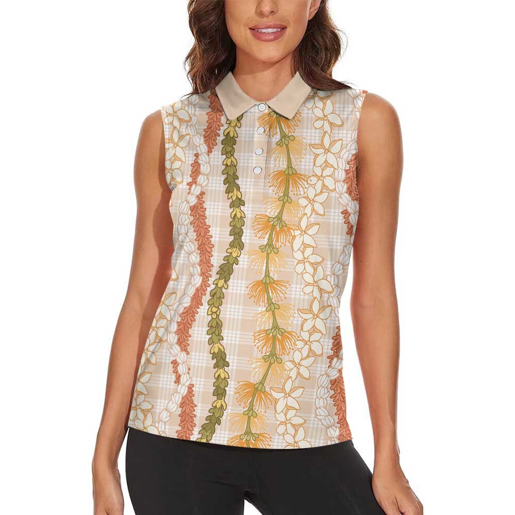 Hawaiian Ohia Lehua Lei Women Sleeveless Polo Shirt Plaid Palaka Ahiehie Pattern - Polynesian Pride