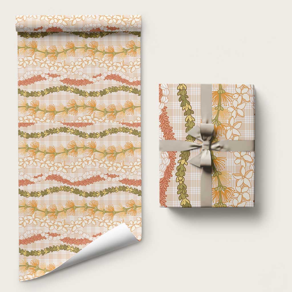 Hawaiian Ohia Lehua Lei Wrapping Paper Plaid Palaka Ahiehie Pattern LT9 58" × 23" Beige - Polynesian Pride
