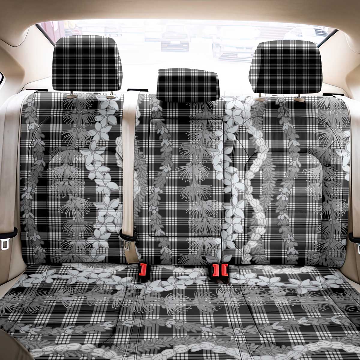 Hawaiian Ohia Lehua Lei Back Car Seat Cover Plaid Palaka Eleele Pattern - Polynesian Pride