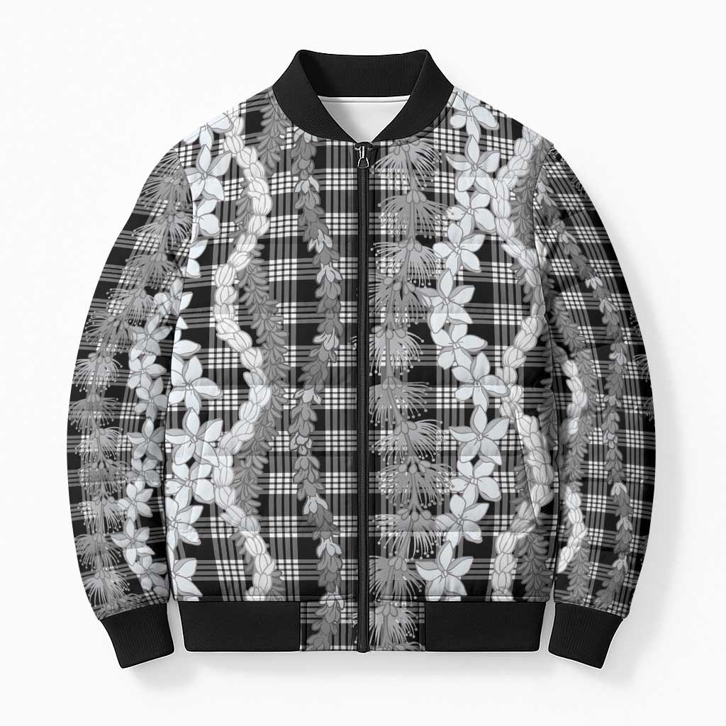 Hawaiian Ohia Lehua Lei Bomber Puffer Jacket Plaid Palaka Eleele Pattern - Polynesian Pride