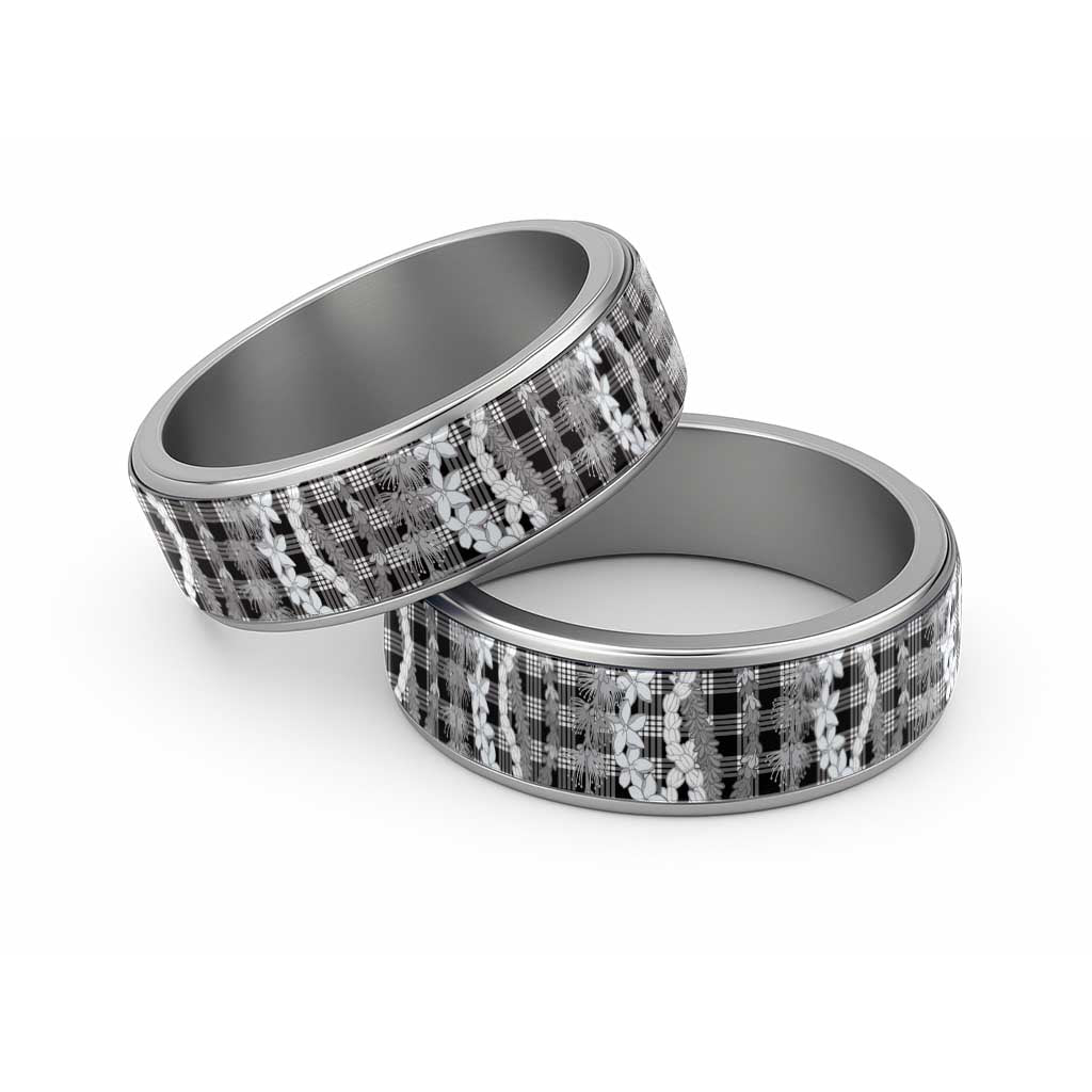 Hawaiian Ohia Lehua Lei Classic Ring Plaid Palaka Eleele Pattern LT9 Sliver Black - Polynesian Pride
