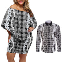 Hawaiian Ohia Lehua Lei Couples Matching Off Shoulder Short Dress and Long Sleeve Button Shirt Plaid Palaka Eleele Pattern - Polynesian Pride