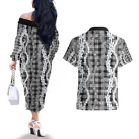 Hawaiian Ohia Lehua Lei Couples Matching Off The Shoulder Long Sleeve Dress and Hawaiian Shirt Plaid Palaka Eleele Pattern - Polynesian Pride