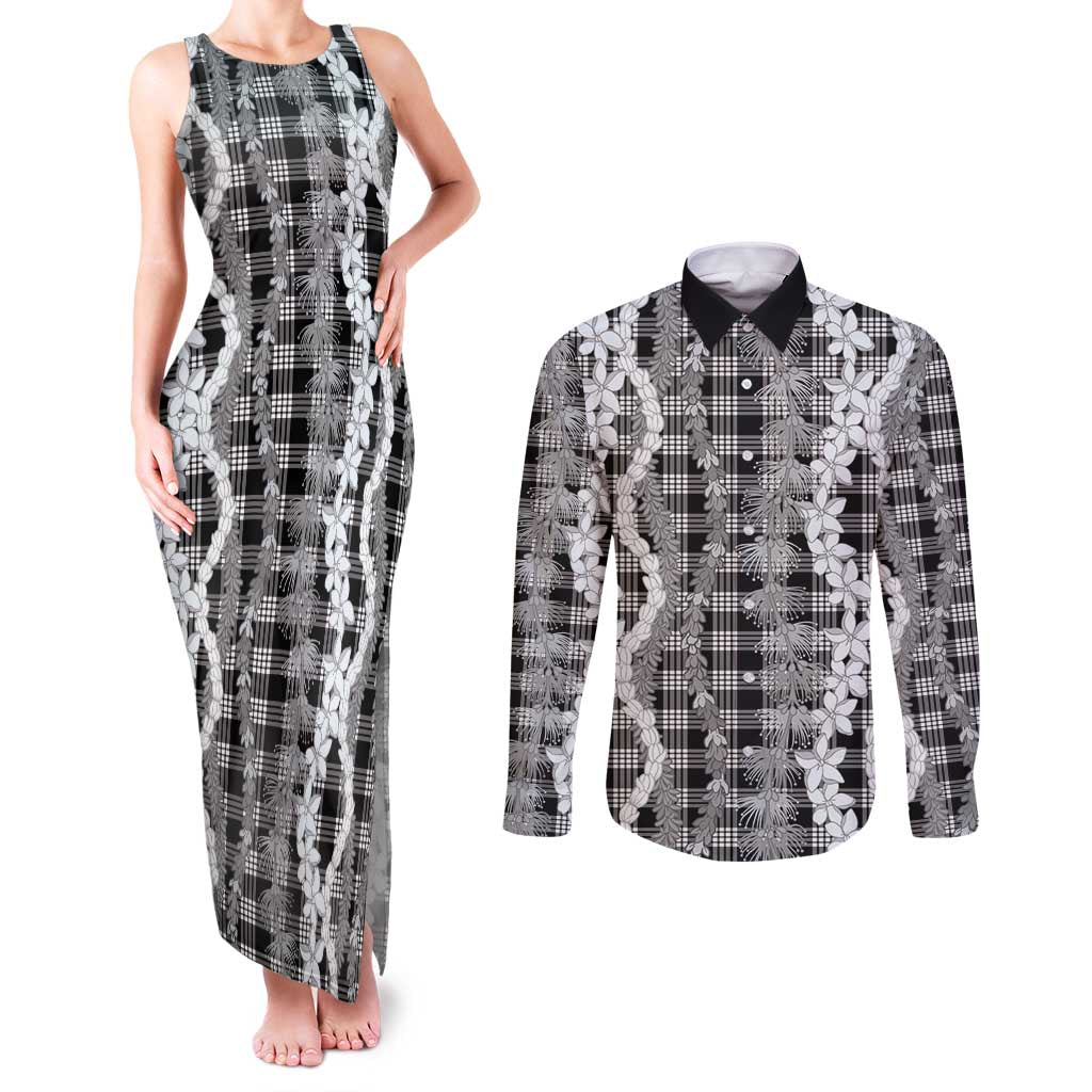 Hawaiian Ohia Lehua Lei Couples Matching Tank Maxi Dress and Long Sleeve Button Shirt Plaid Palaka Eleele Pattern - Polynesian Pride