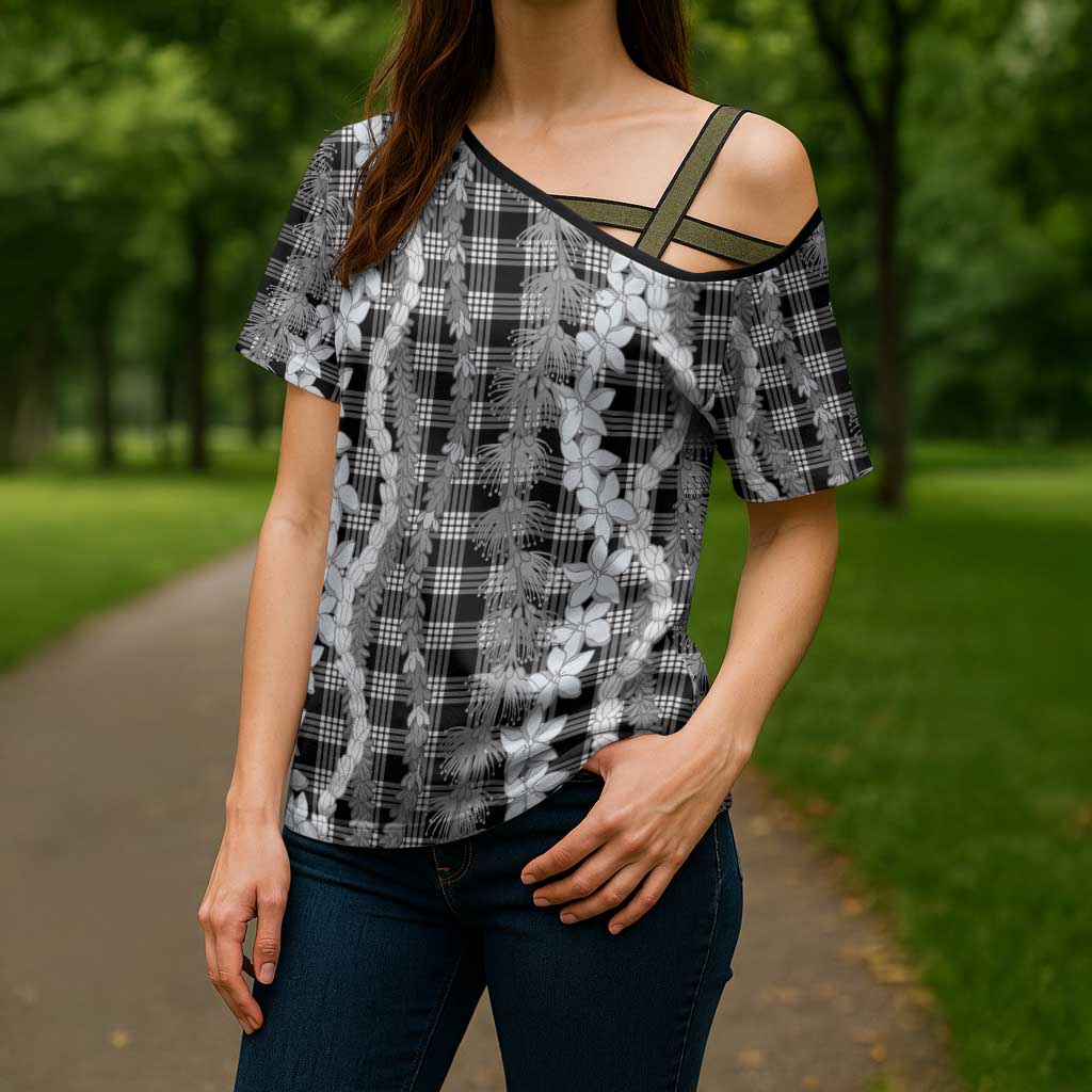 Hawaiian Ohia Lehua Lei Cross Shoulder Shirt Plaid Palaka Eleele Pattern - Polynesian Pride