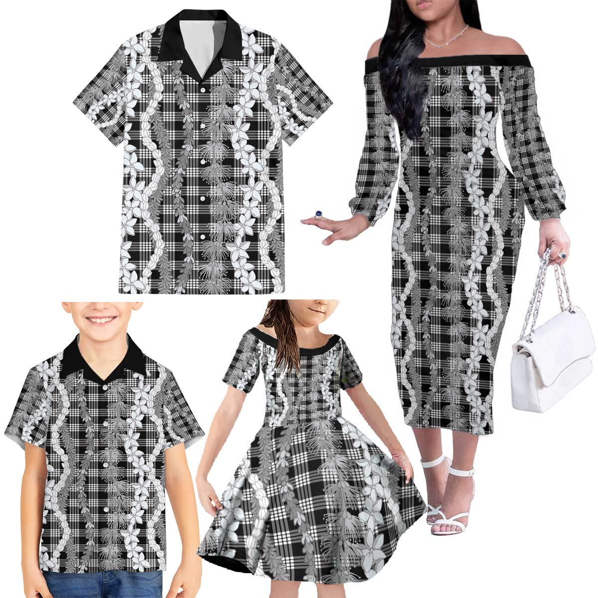 Hawaiian Ohia Lehua Lei Family Matching Off The Shoulder Long Sleeve Dress and Hawaiian Shirt Plaid Palaka Eleele Pattern - Polynesian Pride